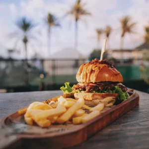 Burger and fries at Ocean Freaks Café in Las Américas