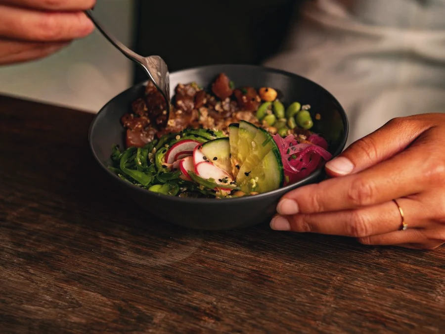 Fresh poke bowl served at Ocean Freaks Café