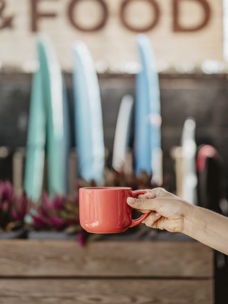 A hand holding a red coffee cup with surfboards in the background at Ocean Freaks World.