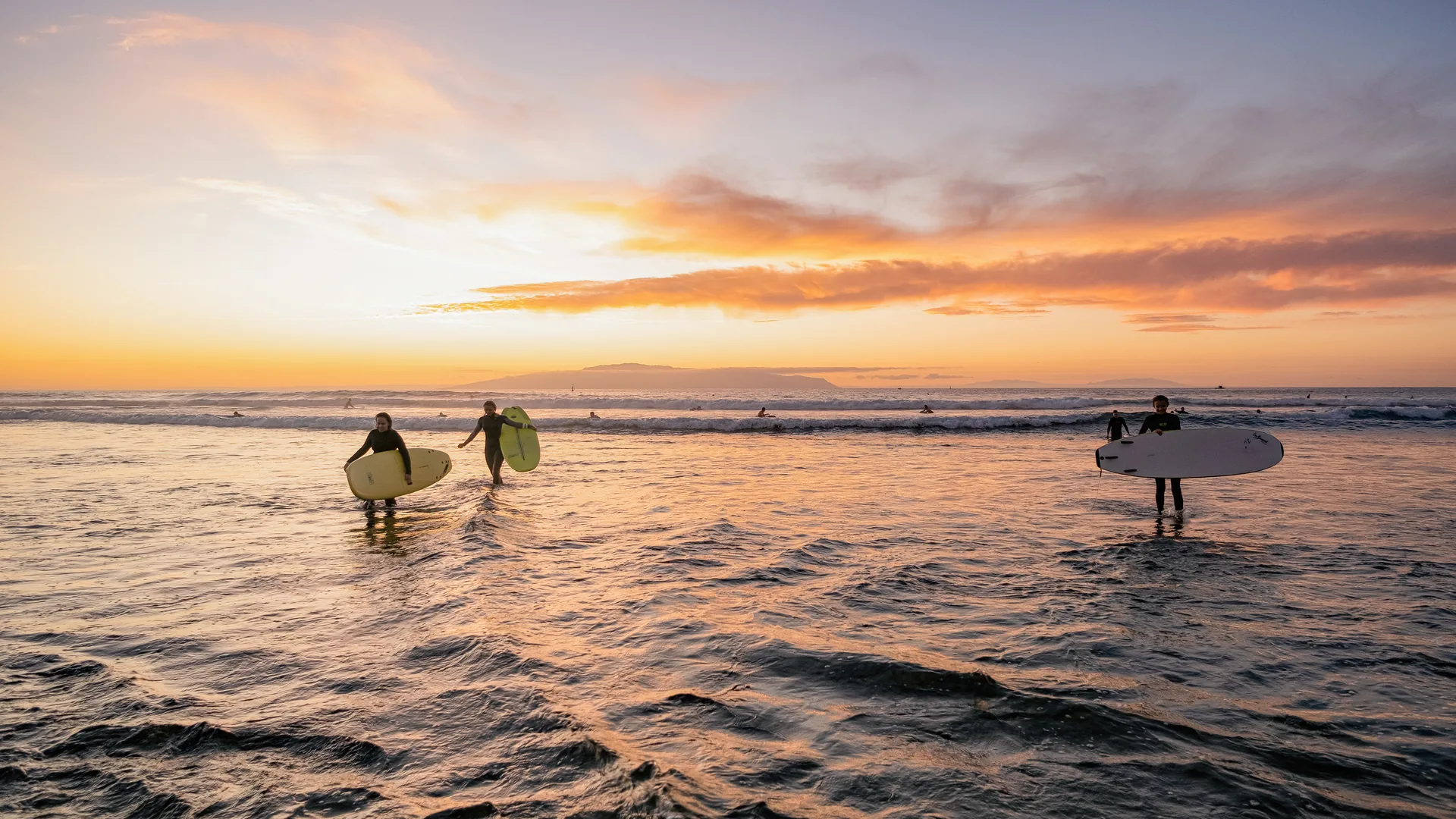 Surfers carrying their boards through shallow water at sunset in Tenerife.