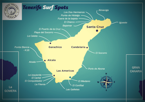 surf spots map of tenerife
